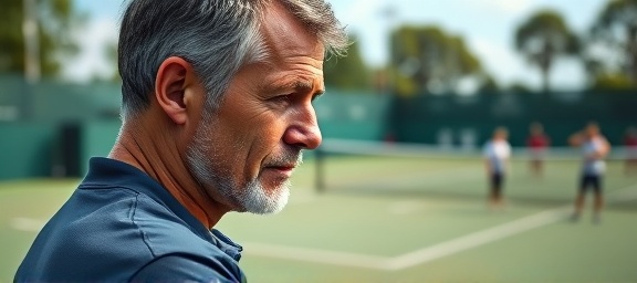 tennis coach, analytical, reviewing a match, photorealistic, in a top-class tennis court facility, highly detailed, players practicing in background, super sharpness, cool blues and greens, afternoon sun, shot with a 90mm macro lens.