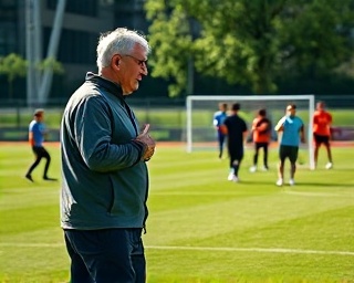 modern coach, confident, running a training session, photorealistic, on a lush green soccer field, highly detailed, players dynamically practicing, ultra HD, vibrant hues, midday sun, shot with a 24mm wide-angle lens.