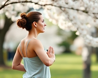female coach, inspiring, leading a yoga class, photorealistic, in a serene park setting with cherry blossoms, highly detailed, gentle breeze swaying blossoms, crisp clarity, calming pastels, soft morning light, shot with a 28mm wide-angle lens.
