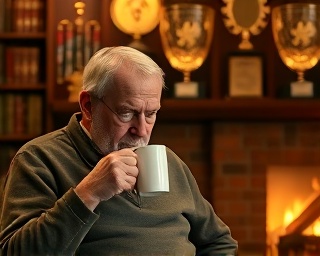 retired coach, contemplative, sipping coffee, photorealistic, in a cozy library filled with trophies, highly detailed, fireplace softly crackling, depth of field, warm tones, evening glow, shot with a 70mm macro lens.