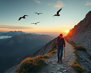 hiking coach, adventurous, guiding a mountain trek, photorealistic, on a rugged trail through scenic mountains, highly detailed, birds soaring overhead, ultra high definition, earthy tones, twilight hour, shot with a 16mm ultra-wide lens.