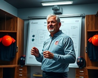 football coach, energized, drawing on a tactics board, photorealistic, inside a high-tech locker room, highly detailed, animated team members around, high resolution, saturated colors, spotlight focused, shot with an 85mm telephoto lens.