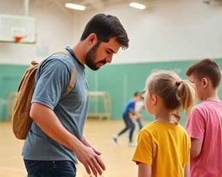 youth coach, enthusiastic, teaching young kids, photorealistic, in a vibrant community sports center, highly detailed, children actively playing, hyper-realistic detail, pastel hues, indoor lighting, shot with a 35mm prime lens.