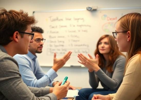 inspired coaching session, engaged expression, brainstorming, photorealistic, intimate classroom setting with whiteboards and markers, highly detailed, hand gestures conveying ideas, balanced composition, pastel colors, ambient soft lighting, shot with a 24mm lens.