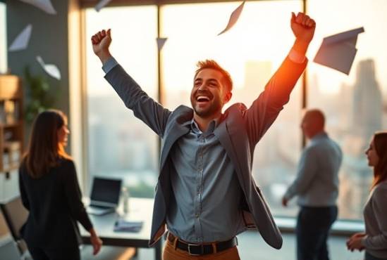 triumphant coaching success, celebratory expression, achieving, photorealistic, an open-plan office with a view of the city skyline, highly detailed, papers flying around, crisp focus, vibrant hues, afternoon lighting with long shadows, shot with a 70mm lens.
