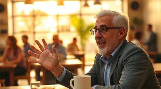 enthusiastic individuele coaching, animated expression, gesturing, photorealistic, a bright and cheerful cafe with people in background, highly detailed, steam rising from coffee, high dynamic range, sunny colors, natural morning light, shot with a 16mm lens.