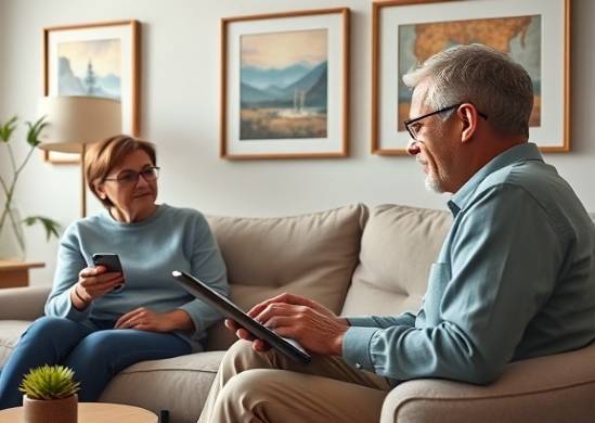dedicated coaching session, relaxed demeanor, listening attentively, photorealistic, cozy living room with a sofa and paintings, highly detailed, virtual call on a tablet, pastel colors, ambient light, shot with a 85mm lens.