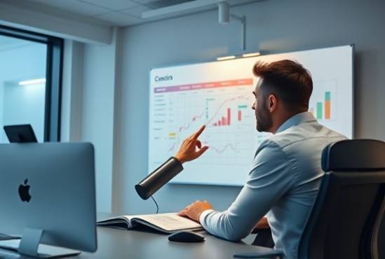 innovative coaching online, thoughtfully analyzing data, gesturing towards a chart, photorealistic, stylish office with ergonomic furniture, highly detailed, digital whiteboard with diagrams, cool colors, indirect lighting, shot with a 24mm lens.