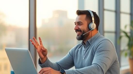 approachable digital coaching specialist, nodding in agreement, offering advice, photorealistic, contemporary study with a large window view, highly detailed, headset and microphone visible, warm tones, soft morning light, shot with a 70mm lens.