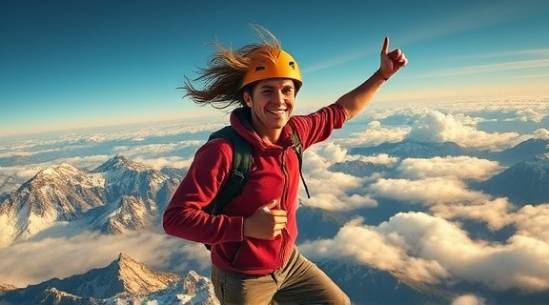 personage op bergtop, triomfantelijke opvallend, opvallend, fotorealistisch, panoramische ligging en wolken, zeer nauwkeurig, wind door haar, f/11 diafragma, levendige kleuren, gouden uur belichting, opgenomen met een groothoeklens