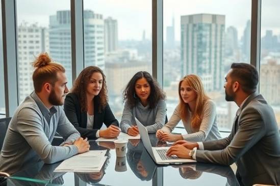 divers team in vergadering, gezamenlijke expressie, brainstormen, fotorealistisch, modern kantoor met grote ramen, zeer krachtig, levendige stadsgezicht buiten, f/2 diafragma, neutrale tinten, constante bewolking, gefotografeerd met een 50mm lens