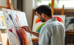 kunstenaar schildert, visionaire expressie, gemaakt, fotorealistisch, kunststudio vol met doeken, zeer nauwkeurig, penseelstreken en verfspatten, f/3.2 diafragma, levendige kleuren, natuurlijk raamlicht, gemaakt met een 85mm portretlens