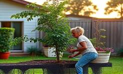 ouder en kind planten boom, koesterende expressie, cultiveren van de toekomst, fotorealistisch, achtertuin in de buitenwijk met tuinbedden, zeer gedetailleerd, vogels zingen op de achtergrond, diafragma f/5, zachte groen- en bruintinten, verlichting bij zonsopgang, gemaakt met een 24-70 mm-lens
