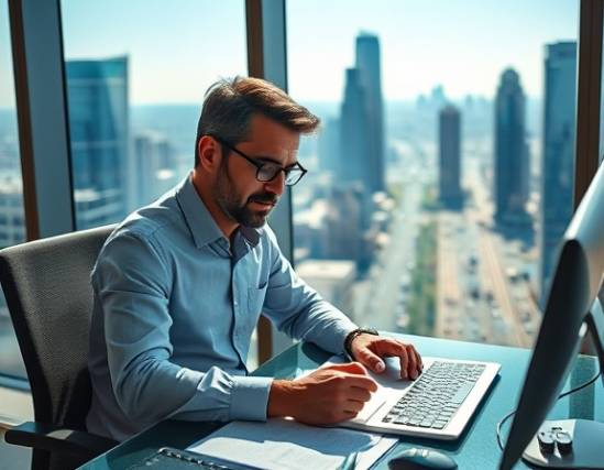 ondernemer aan bureau, significante uitdrukking, planningsstrategie, fotorealistisch, kantoor in overhead met uitzicht op de stad, zeer nauwkeurig, verkeer gezien door raam, diafragma f/3.5, koele blauwtinten en helder wit, zonlicht halverwege de ochtend, gemaakt met een 70-200mm lens