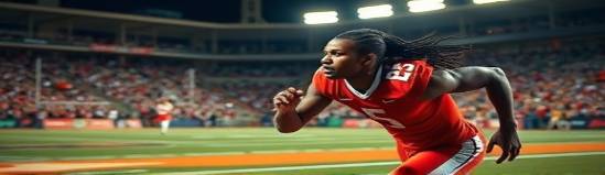 atleet in beweging, intensieve expressie, strevend naar uitmuntendheid, fotorealistisch, sportveld onder stadionverlichting, zeer nauwkeurig, juichend publiek op de achtergrond, diafragma f/4, intensieve teamkleuren, dynamische nachtverlichting, gemaakt met een 200-400mm zoomlens